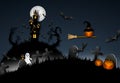 Halloween banner with cartoon style haunted house, pumpkins, bats and graveyard. Vector illustration Royalty Free Stock Photo